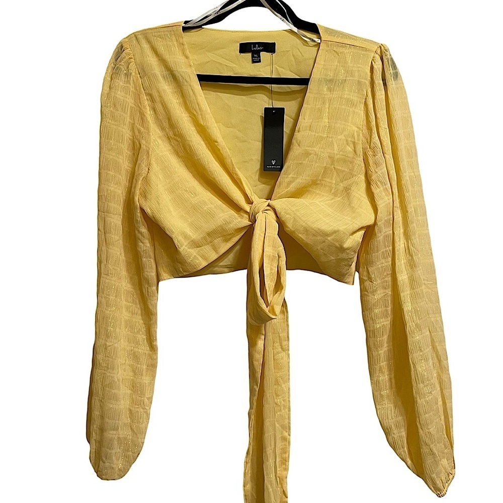 NWT Lulus Yellow Metallic Crop Top Tie Front Long Sleeves Cocktail Size XL